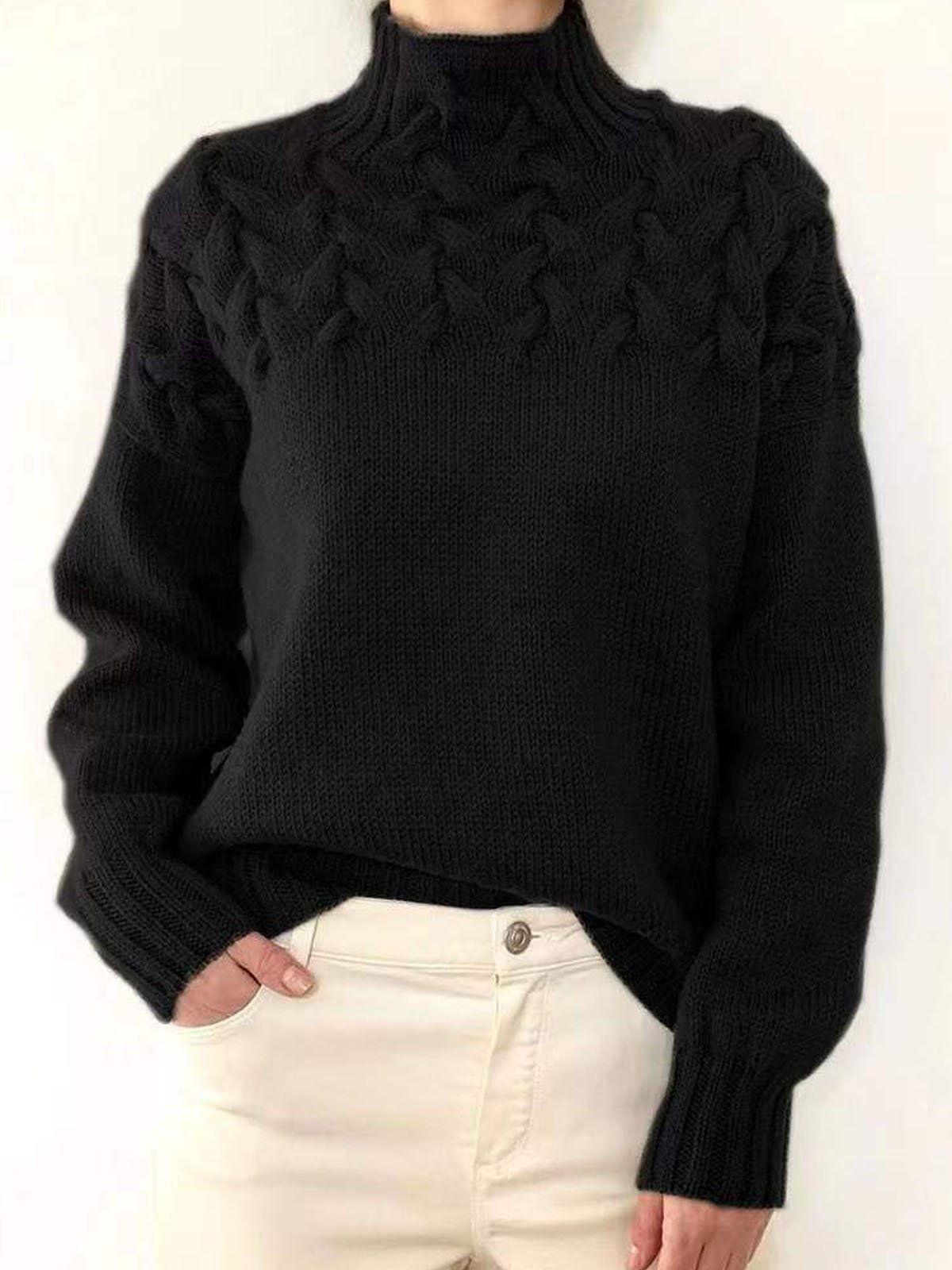 Women Yarn/Wool Yarn Plain Long Sleeve Comfy Casual Sweater