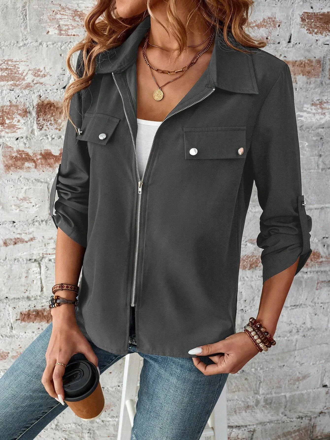 Women's Plain Zipper Thicken Loose Jacket