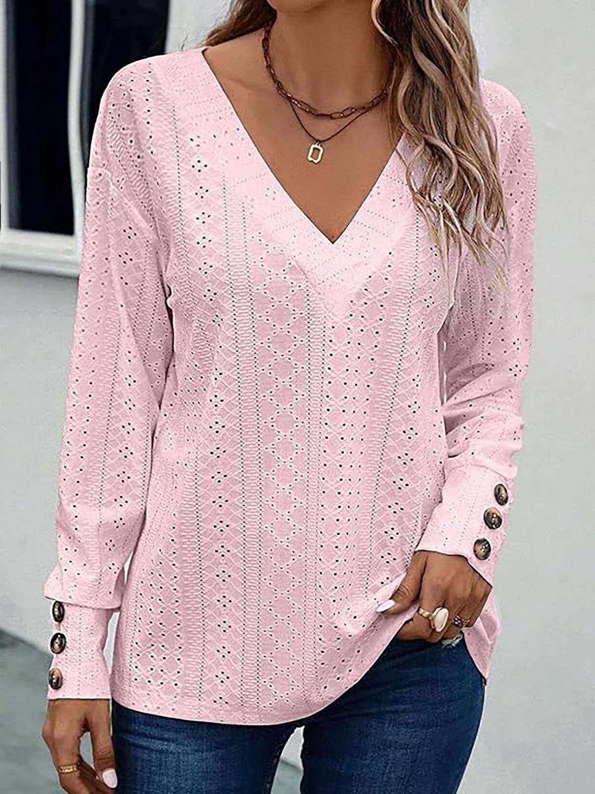 Casual Plain V Neck Long Sleeve T-shirt