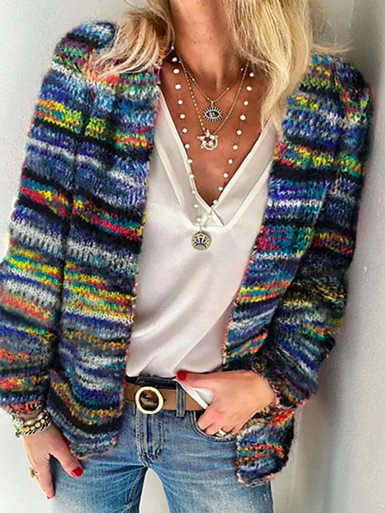 Women Yarn/Wool Yarn Multicolor Block Long Sleeve Comfy Casual Cardigan