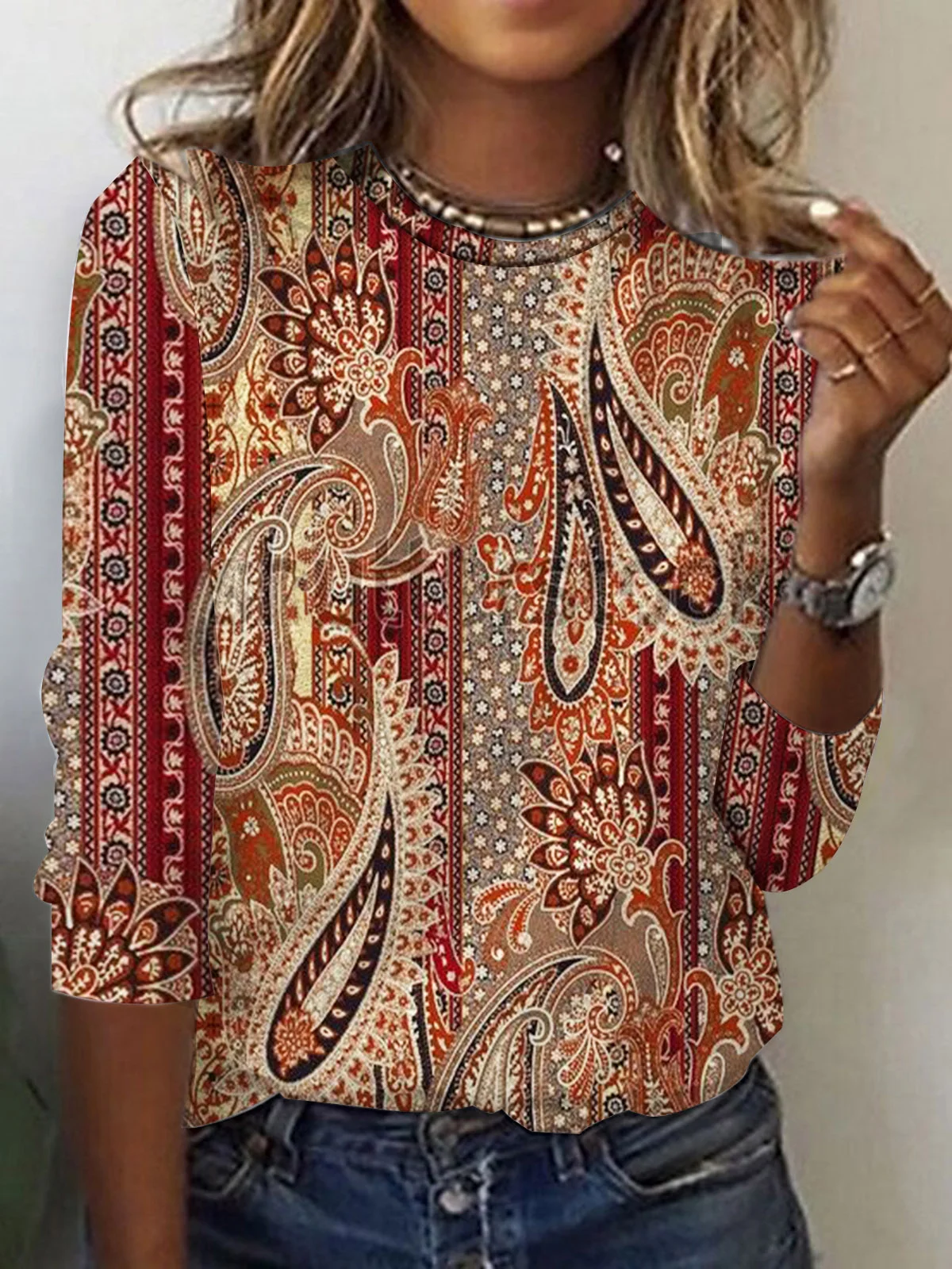 Vintage Paisley Print Crew Neck Long Sleeve T-shirt