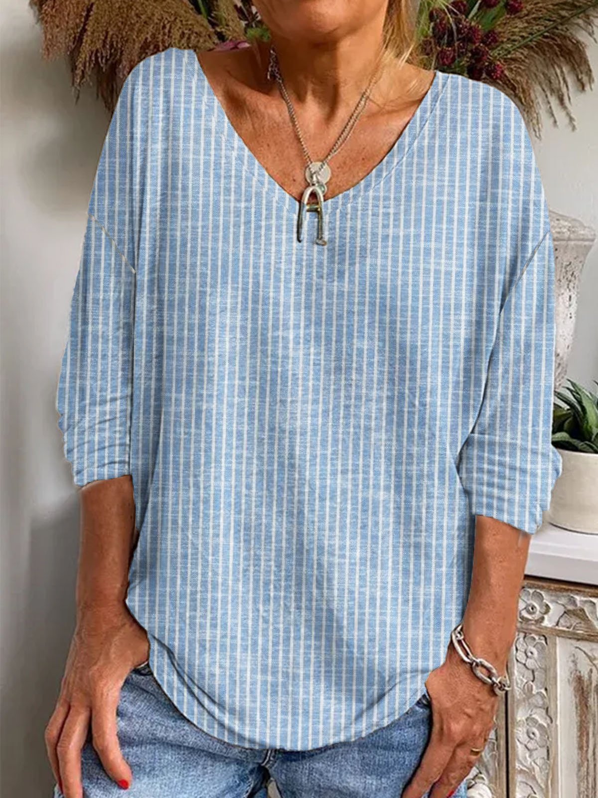 Casual Striped V Neck Long Sleeve Loose T-shirt