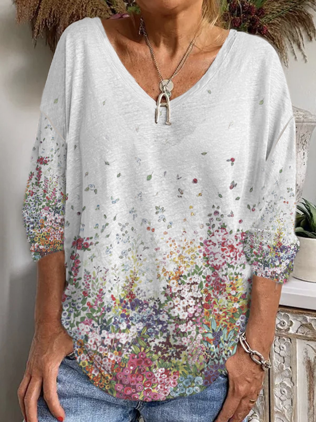 Casual Floral V Neck Long Sleeve T-shirt