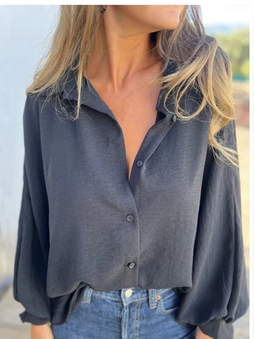 Shirt Collar Long Sleeve Plain Regular Loose Shirt For Women