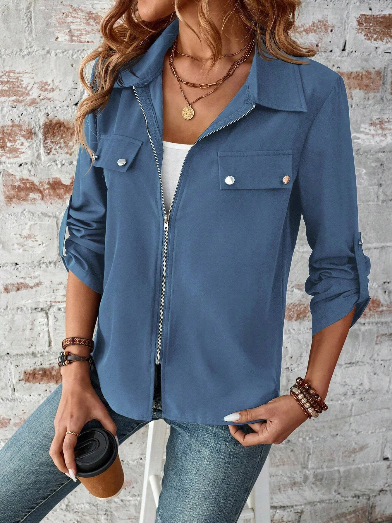 Women's Plain Zipper Thicken Loose Jacket