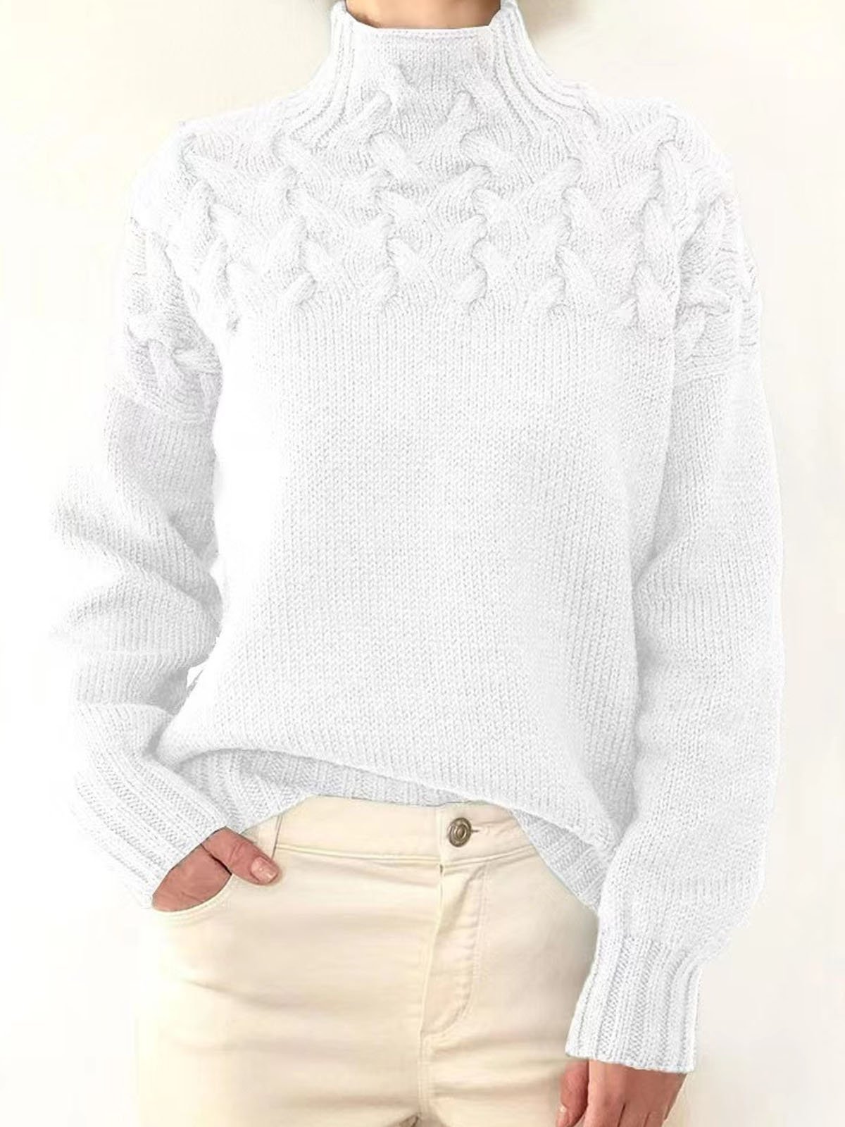 Women Yarn/Wool Yarn Plain Long Sleeve Comfy Casual Sweater