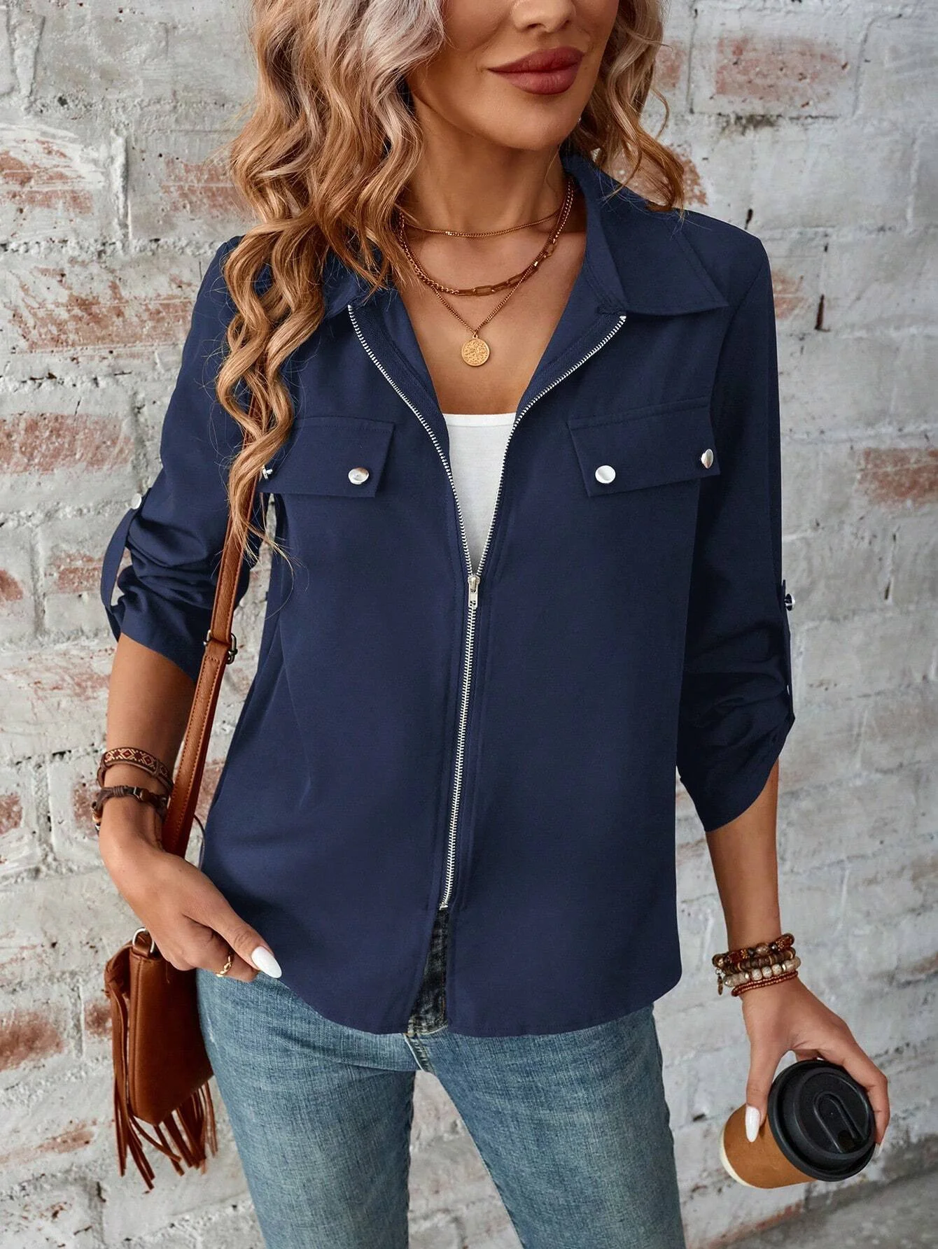 Women's Plain Zipper Thicken Loose Jacket