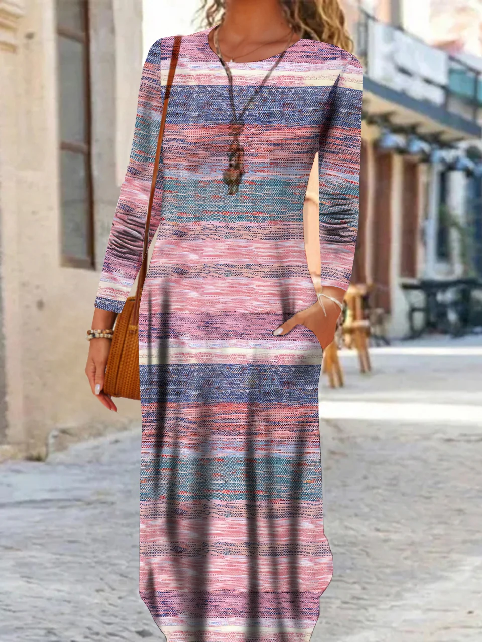 Women Striped Crew Neck Long Sleeve Comfy Casual Maxi Dress