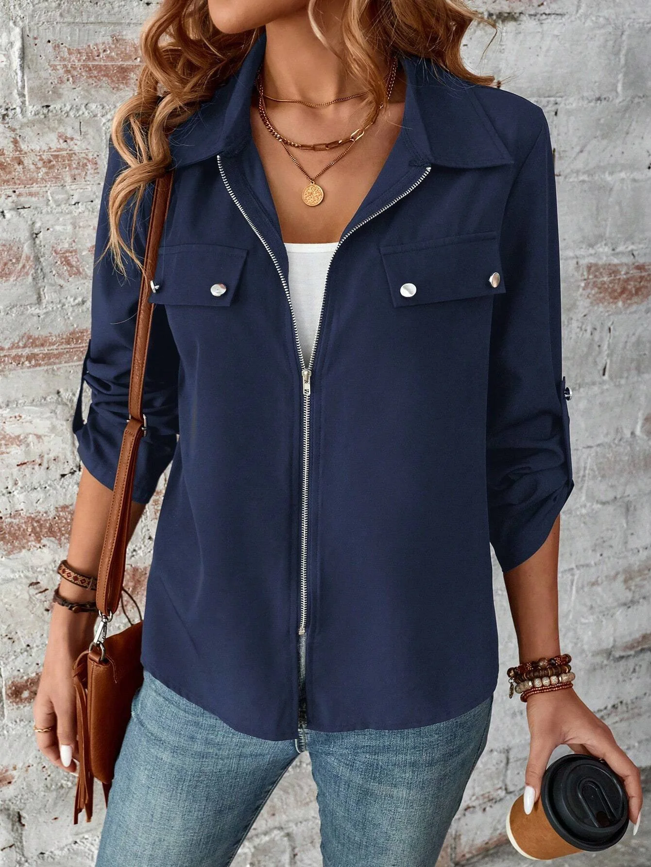 Women's Plain Zipper Thicken Loose Jacket