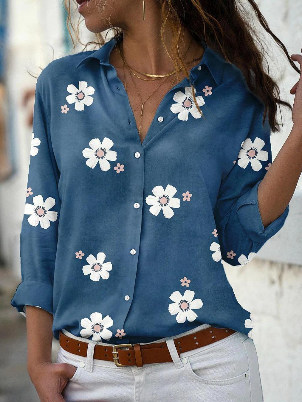 Shirt Collar Long Sleeve Floral Regular Loose Shirt For Women