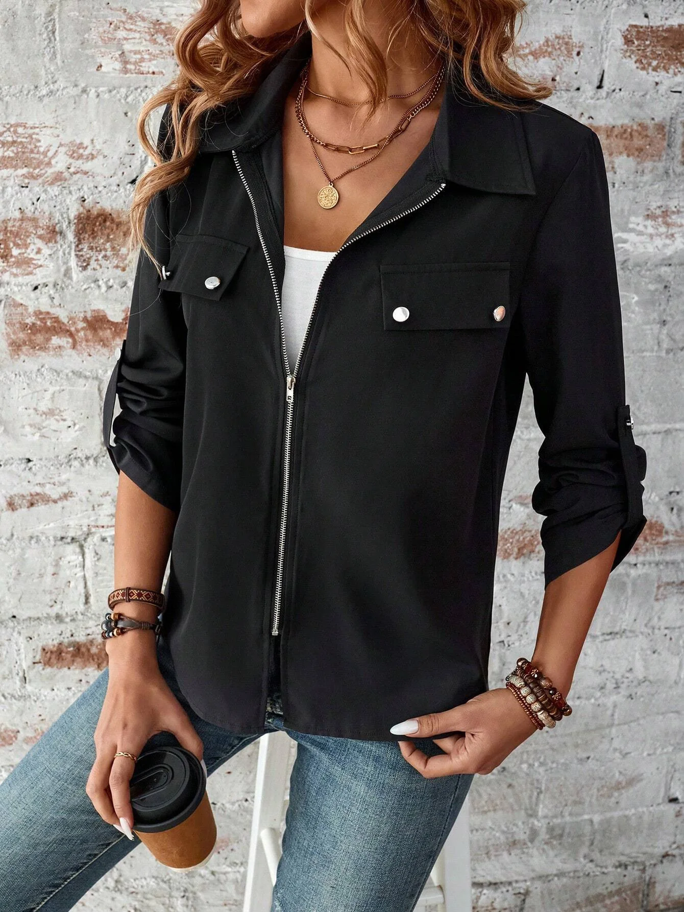 Women's Plain Zipper Thicken Loose Jacket