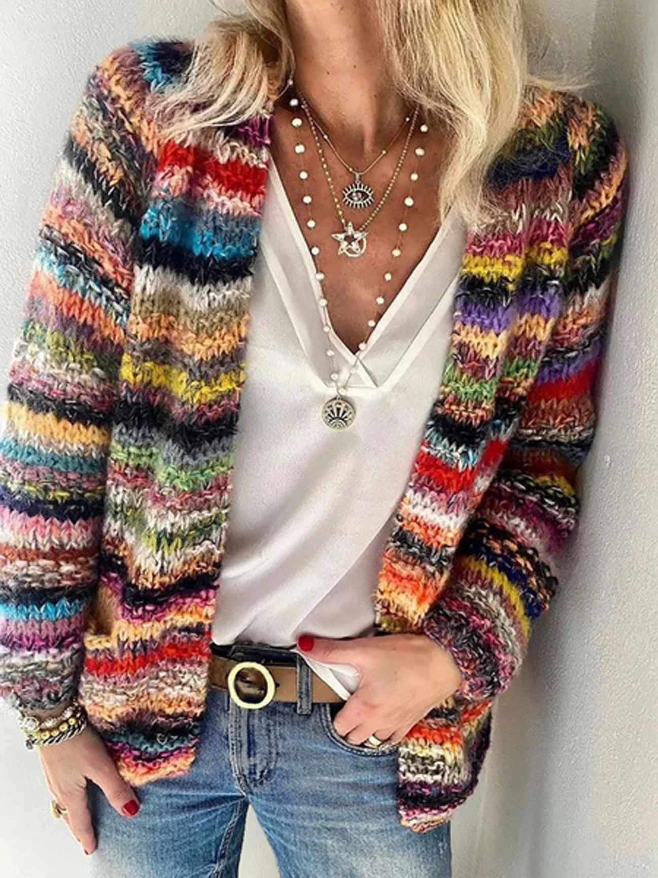 Women Yarn/Wool Yarn Multicolor Block Long Sleeve Comfy Casual Cardigan