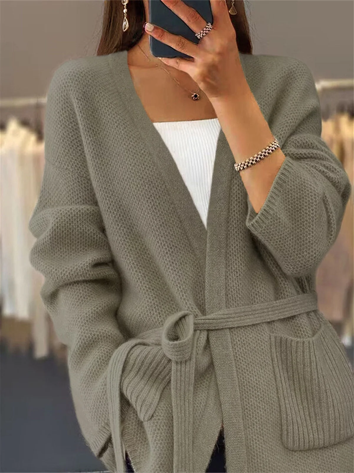 Women Yarn/Wool Yarn Plain Long Sleeve Comfy Casual Pocket Stitching Cardigan