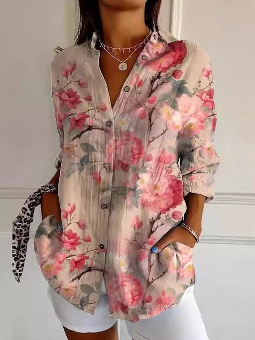 Shirt Collar Long Sleeve Floral Regular Loose Shirt For Women