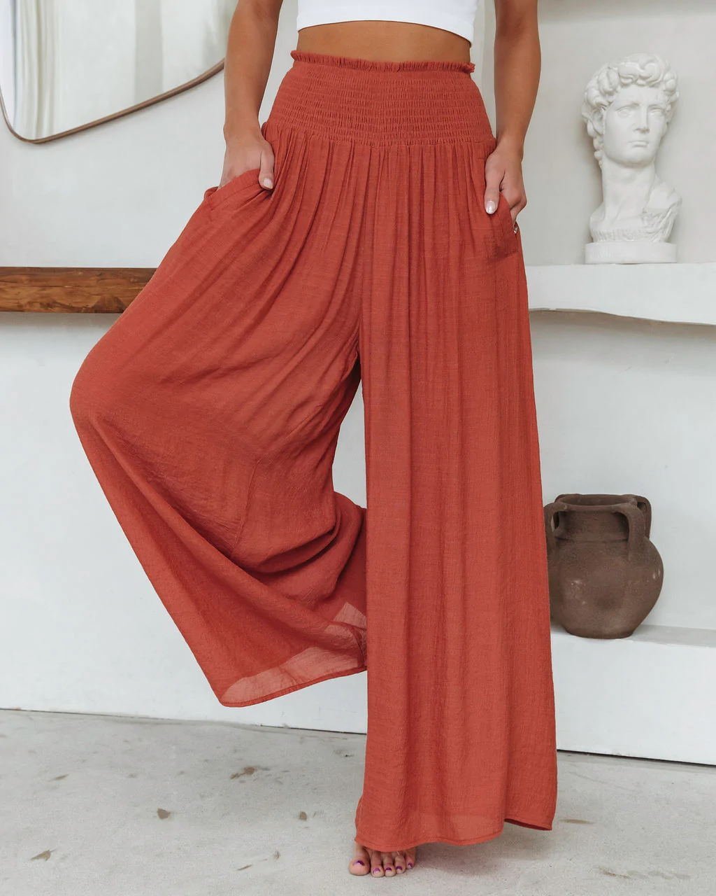 Casual Stretch Wide Leg High Waisted Palazzo Flare Pants with Pockets Loose Summer Beach Pants