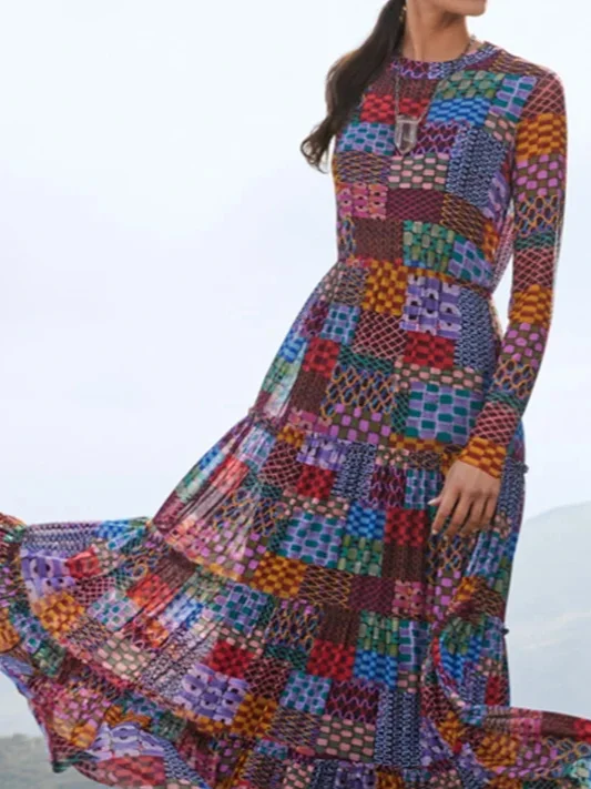 Women Geometric Long Sleeve Comfy Casual Maxi Dress