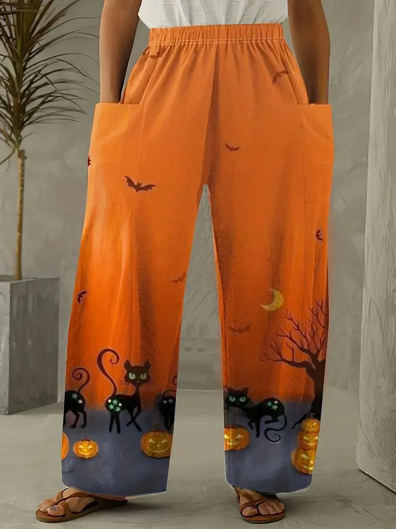 Casual Halloween Loose Cotton And Linen Long Pants