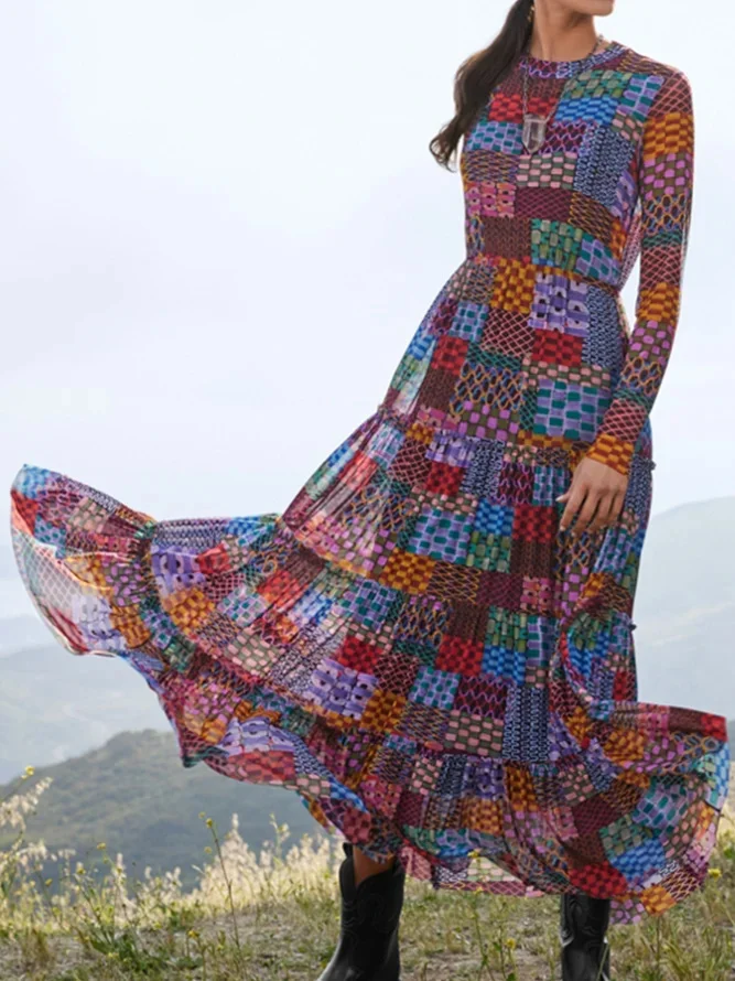 Women Geometric Long Sleeve Comfy Casual Maxi Dress