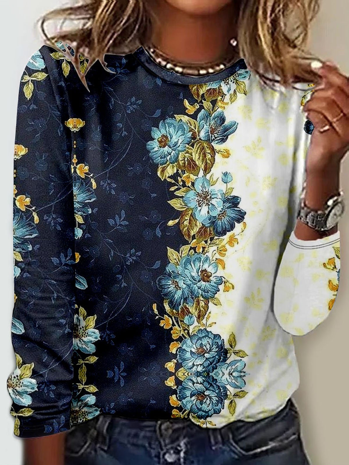 Casual Floral Crew Neck Long Sleeve T-shirt