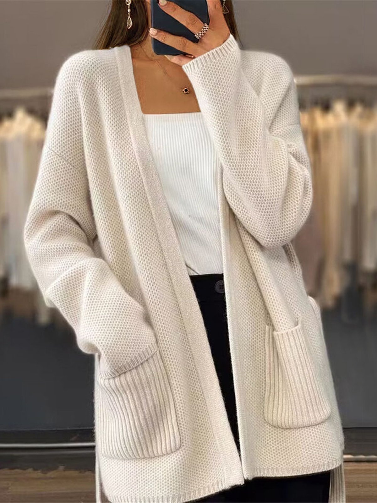 Women Yarn/Wool Yarn Plain Long Sleeve Comfy Casual Pocket Stitching Cardigan