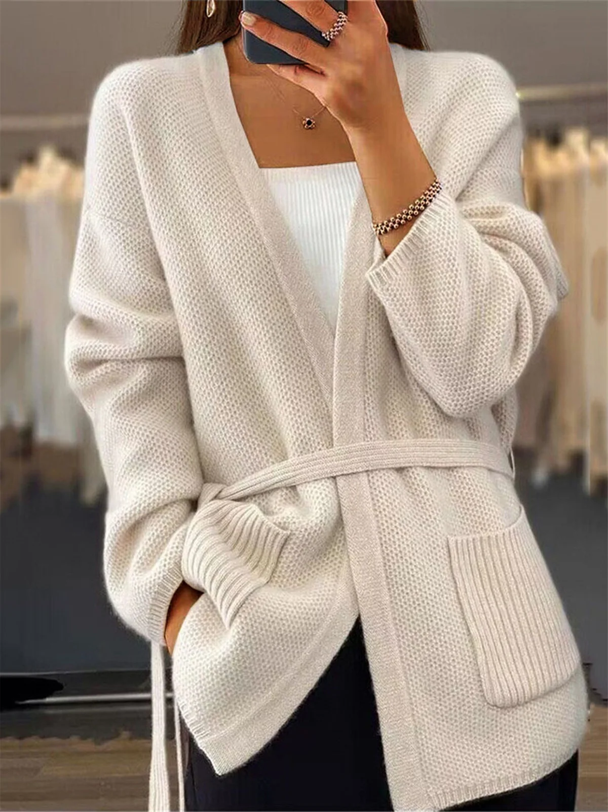 Women Yarn/Wool Yarn Plain Long Sleeve Comfy Casual Pocket Stitching Cardigan