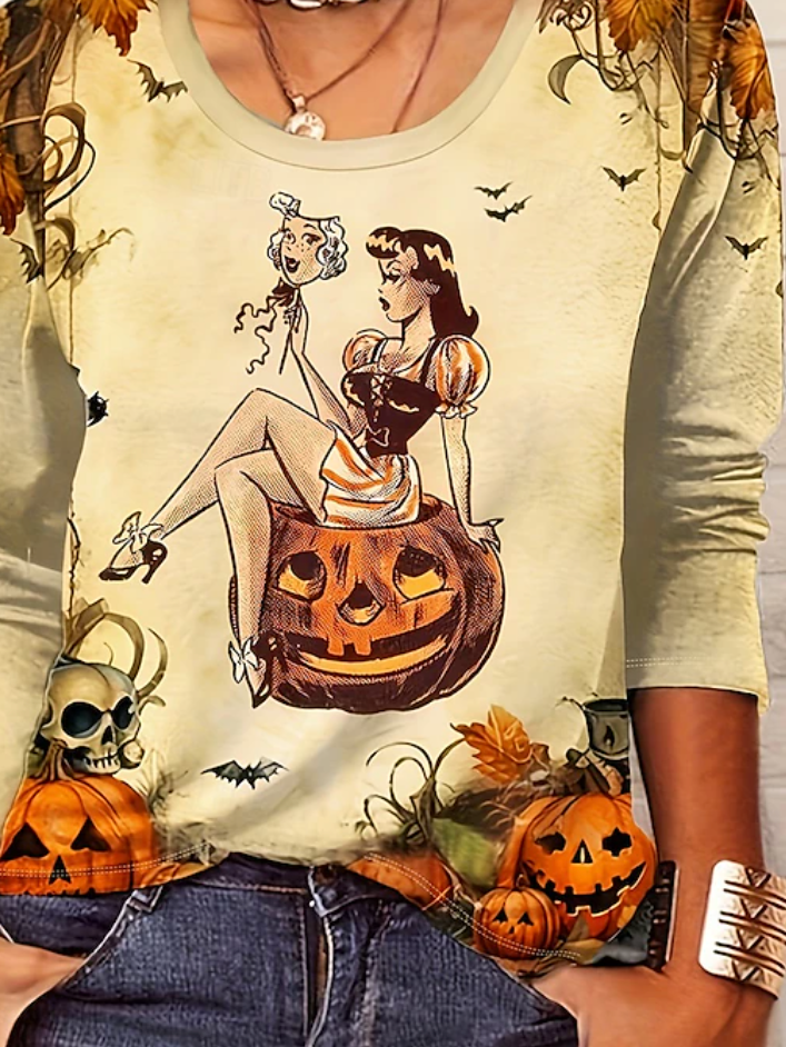 Casual Halloween Crew Neck Long Sleeve T-shirt