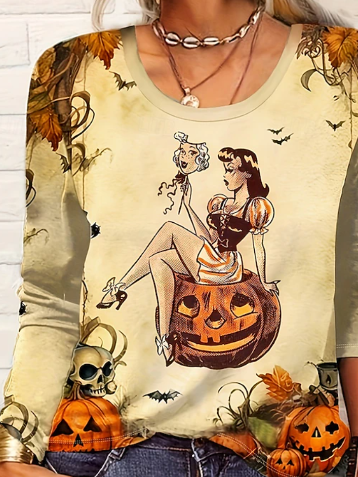 Casual Halloween Crew Neck Long Sleeve T-shirt