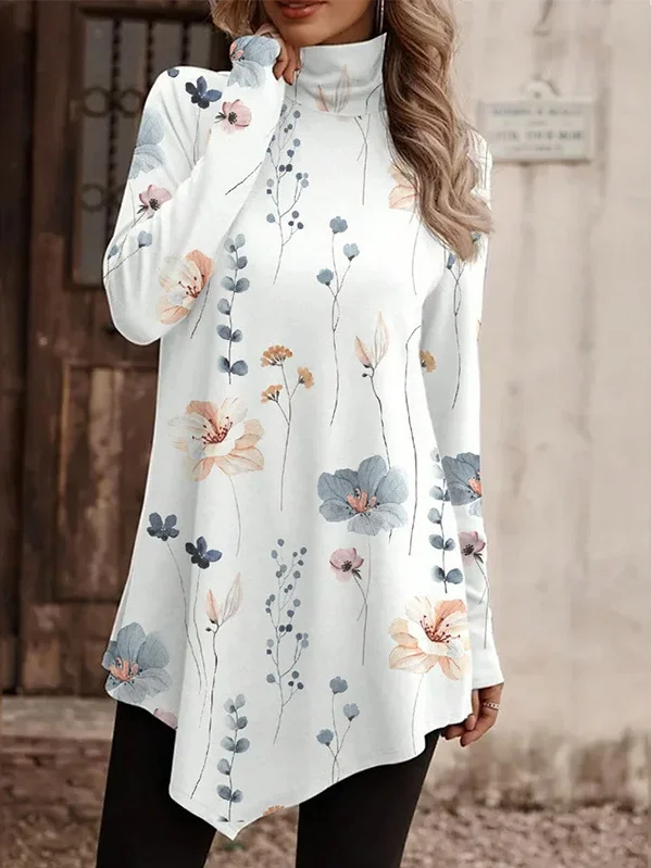 Turtleneck Long Sleeve Floral Regular Micro-Elasticity Loose Blouse For Women