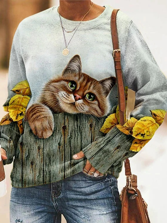 Casual V Neck Cat Sweatshirt