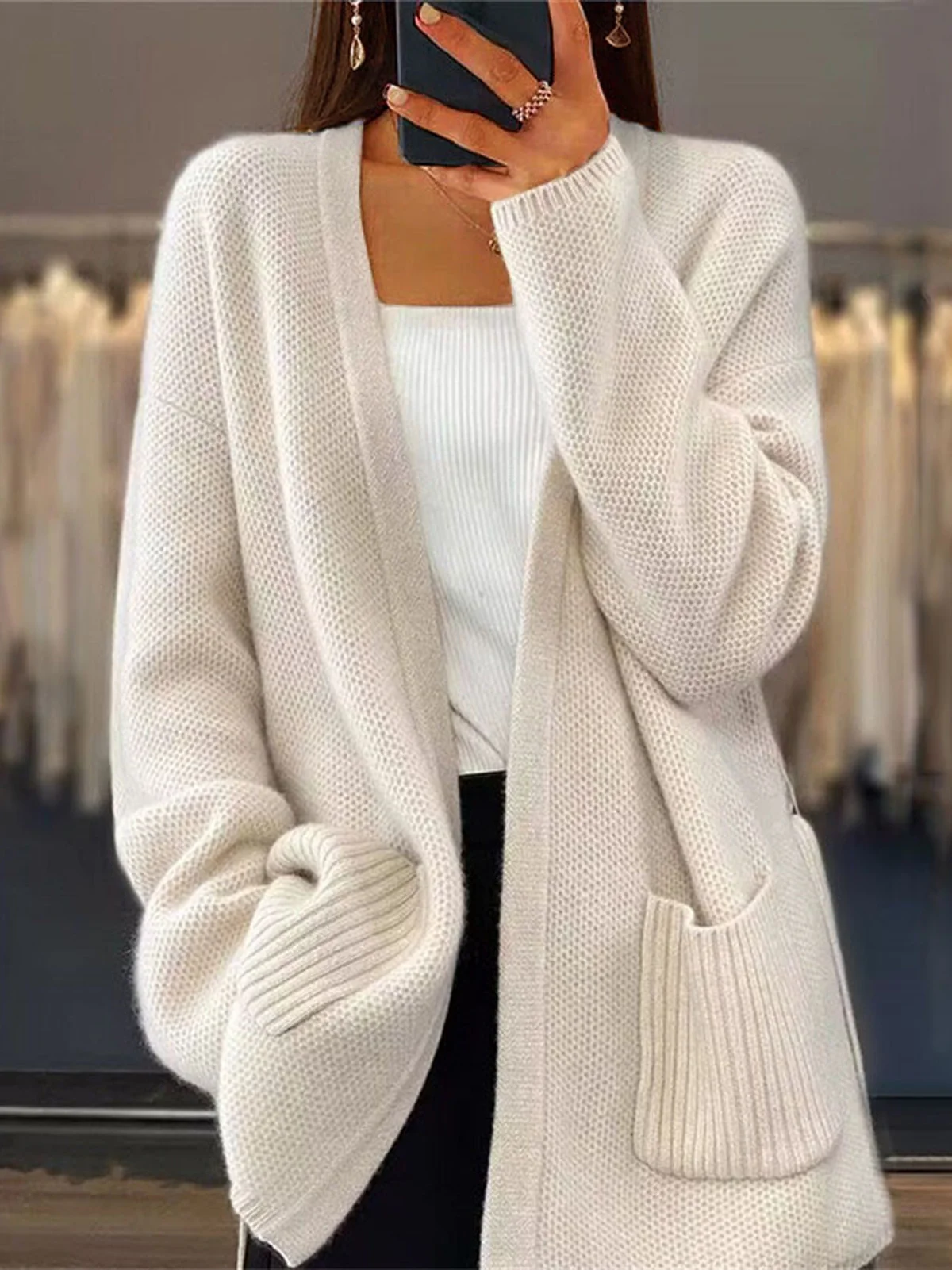 Women Yarn/Wool Yarn Plain Long Sleeve Comfy Casual Pocket Stitching Cardigan