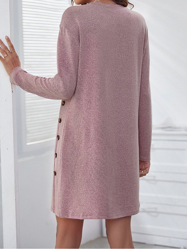 Women Plain Crew Neck Long Sleeve Comfy Casual Buckle Midi Dress