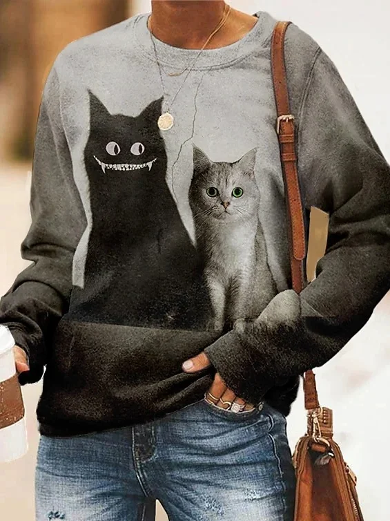 Casual V Neck Cat Sweatshirt