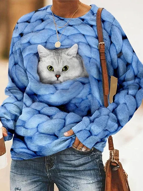 Casual V Neck Cat Sweatshirt