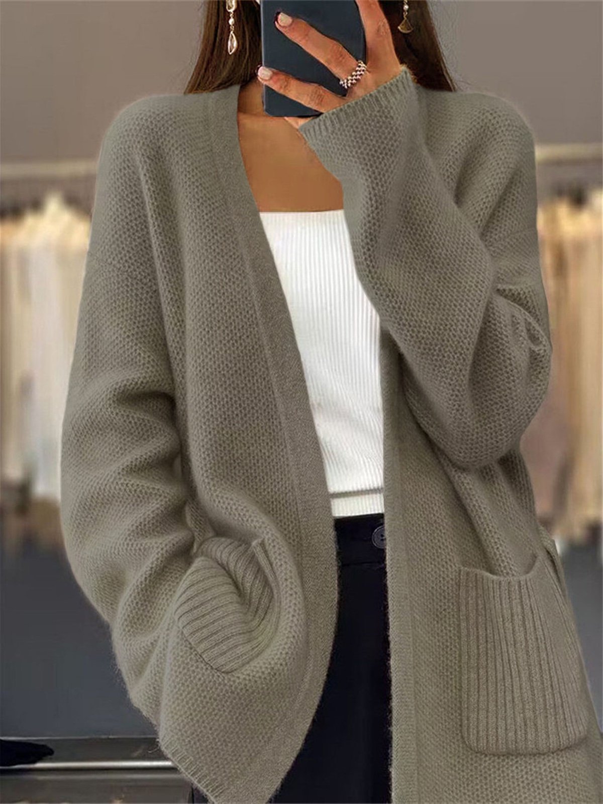 Women Yarn/Wool Yarn Plain Long Sleeve Comfy Casual Pocket Stitching Cardigan