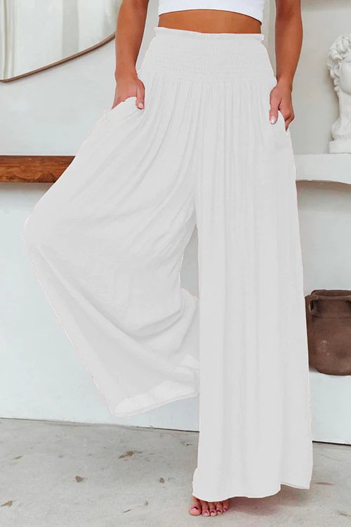 Casual Stretch Wide Leg High Waisted Palazzo Flare Pants with Pockets Loose Summer Beach Pants