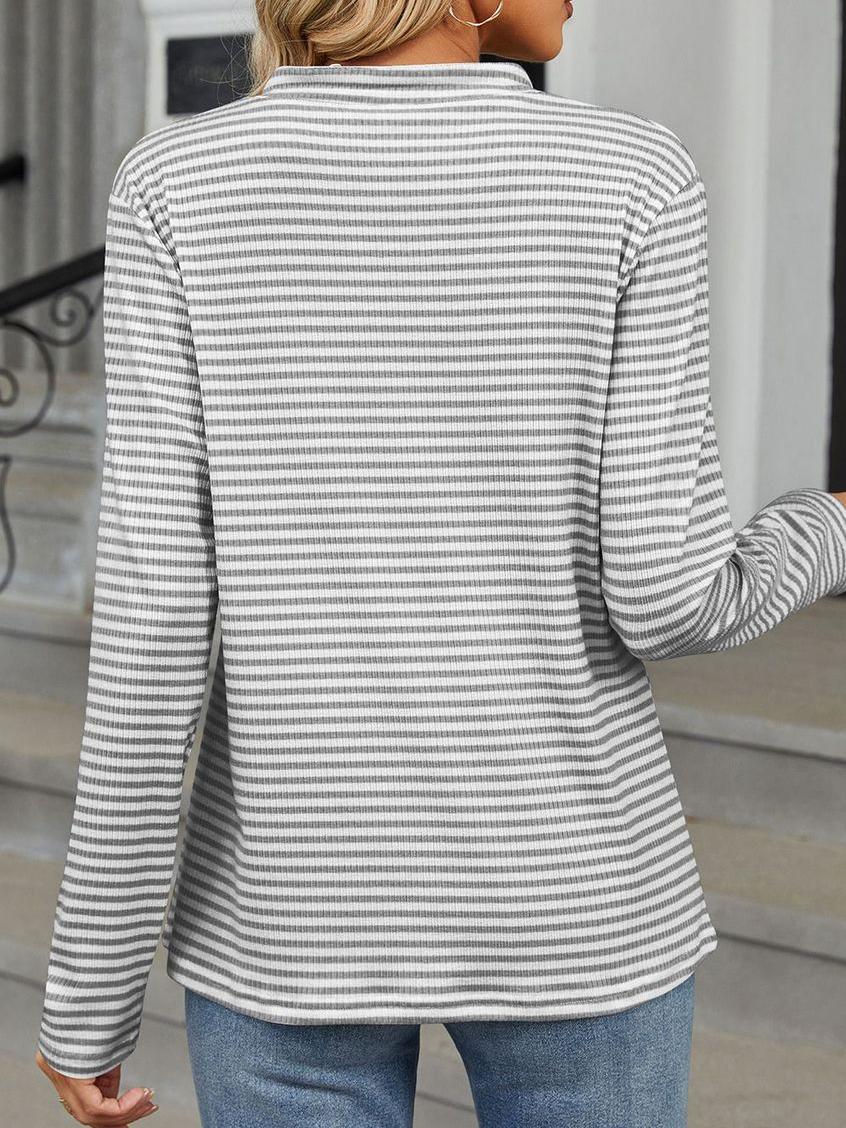 V Neck Long Sleeve Striped Lace Regular Micro-Elasticity Loose Blouse For Women