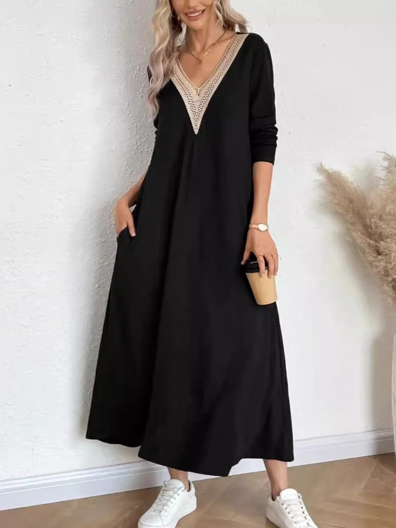 Women Plain Long Sleeve Comfy Casual Lace Maxi Dress