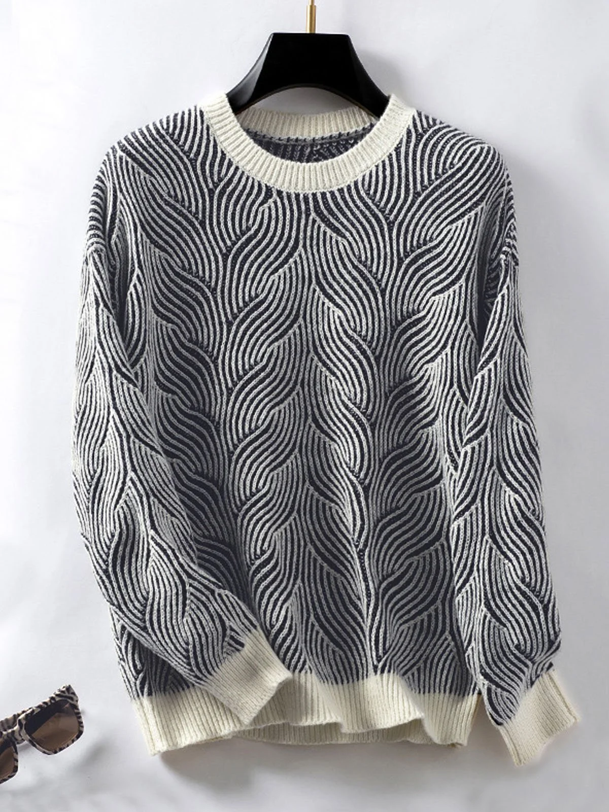 Women Yarn/Wool Yarn Geometric Long Sleeve Comfy Casual Sweater