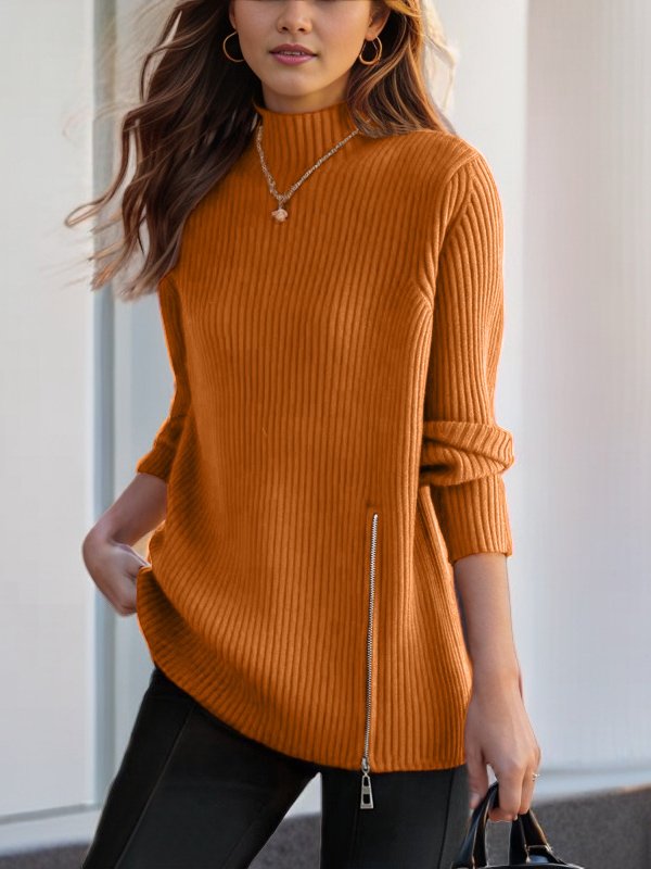 Women Yarn/Wool Yarn Plain Long Sleeve Comfy Casual Zipper Sweater