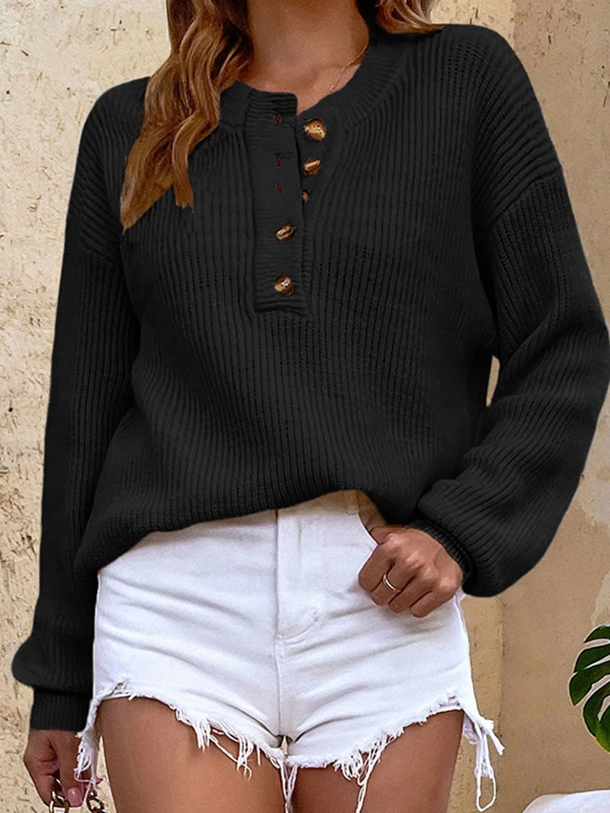 Women Yarn/Wool Yarn Plain Long Sleeve Comfy Casual Buckle Sweater