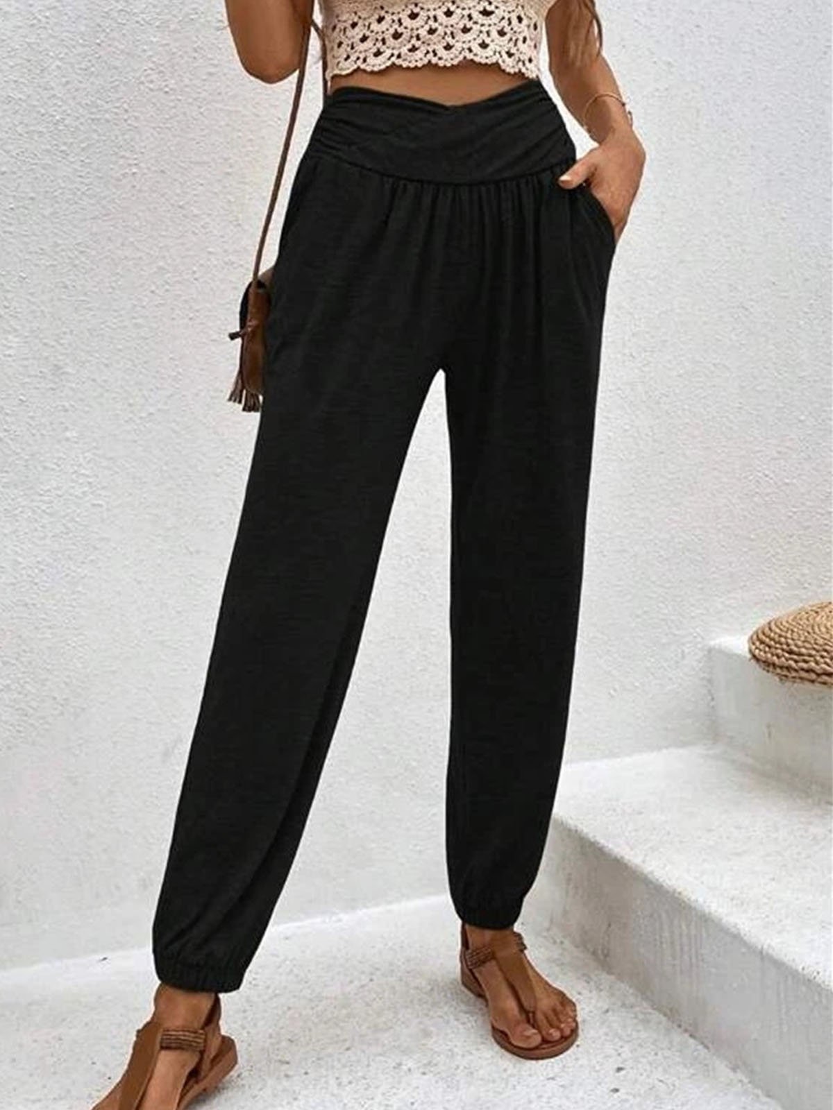 Casual Plain Long Elastic Waist Pant