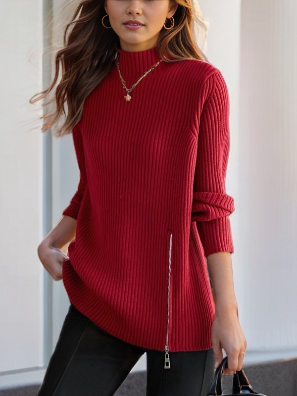 Women Yarn/Wool Yarn Plain Long Sleeve Comfy Casual Zipper Sweater