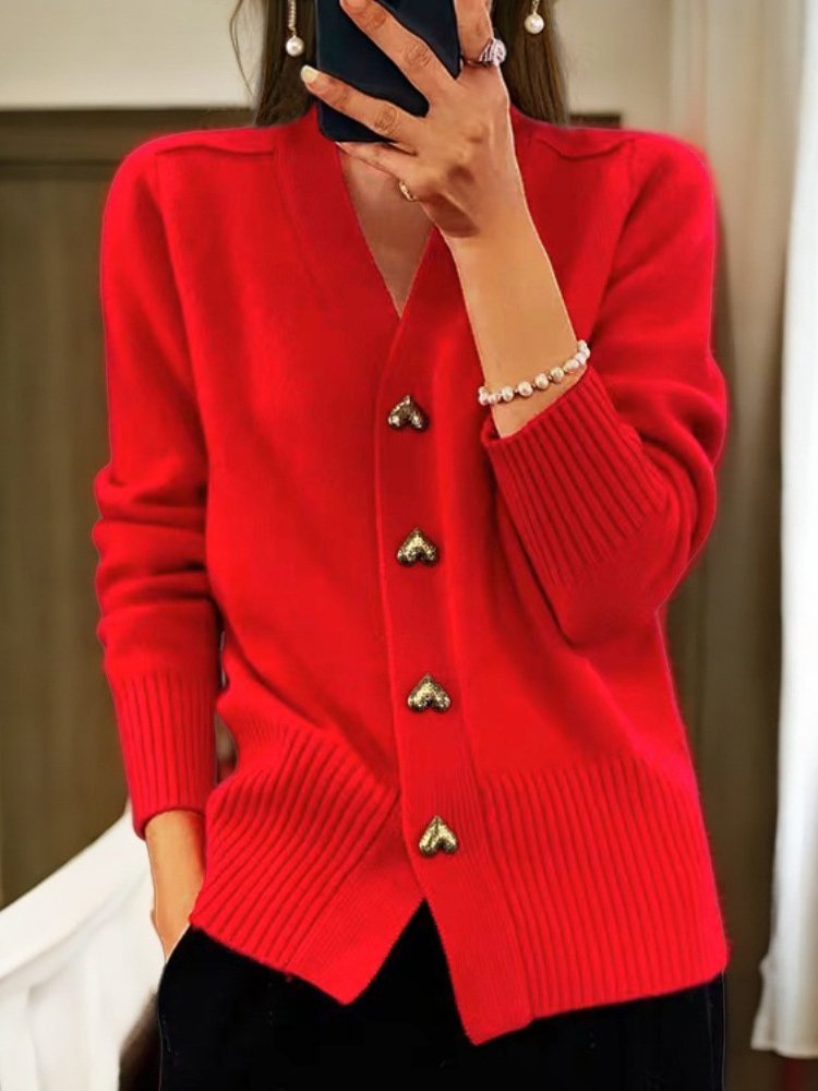 Women Yarn/Wool Yarn Plain Long Sleeve Comfy Casual Buttoned Cardigan