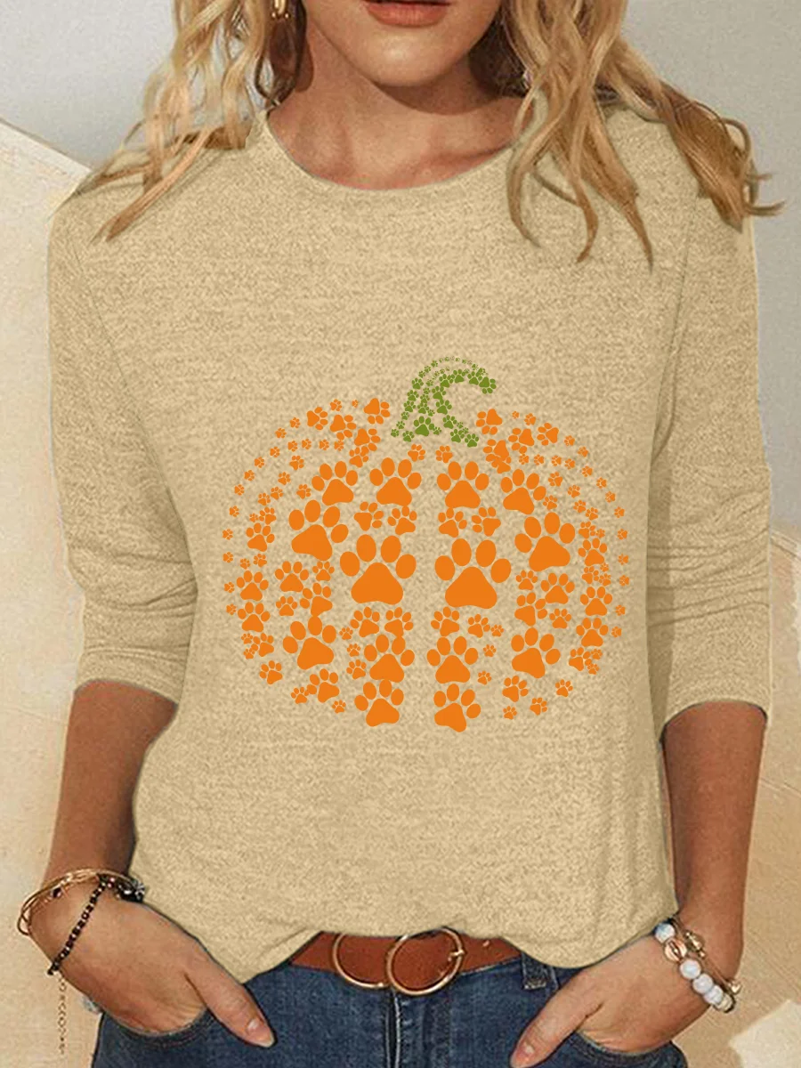 Halloween Crew Neck Long Sleeve Pumpkin Print Loose Blouse For Women