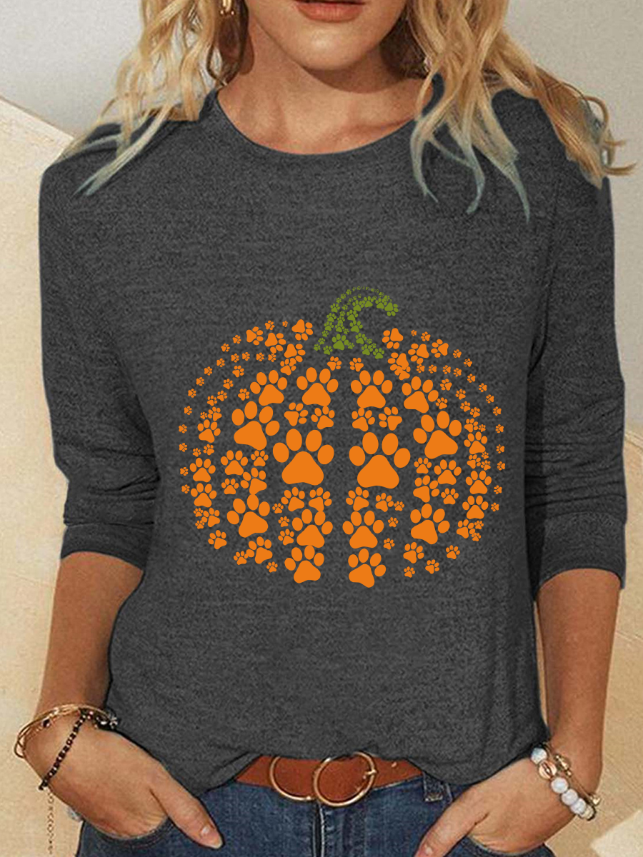 Halloween Crew Neck Long Sleeve Pumpkin Print Loose Blouse For Women