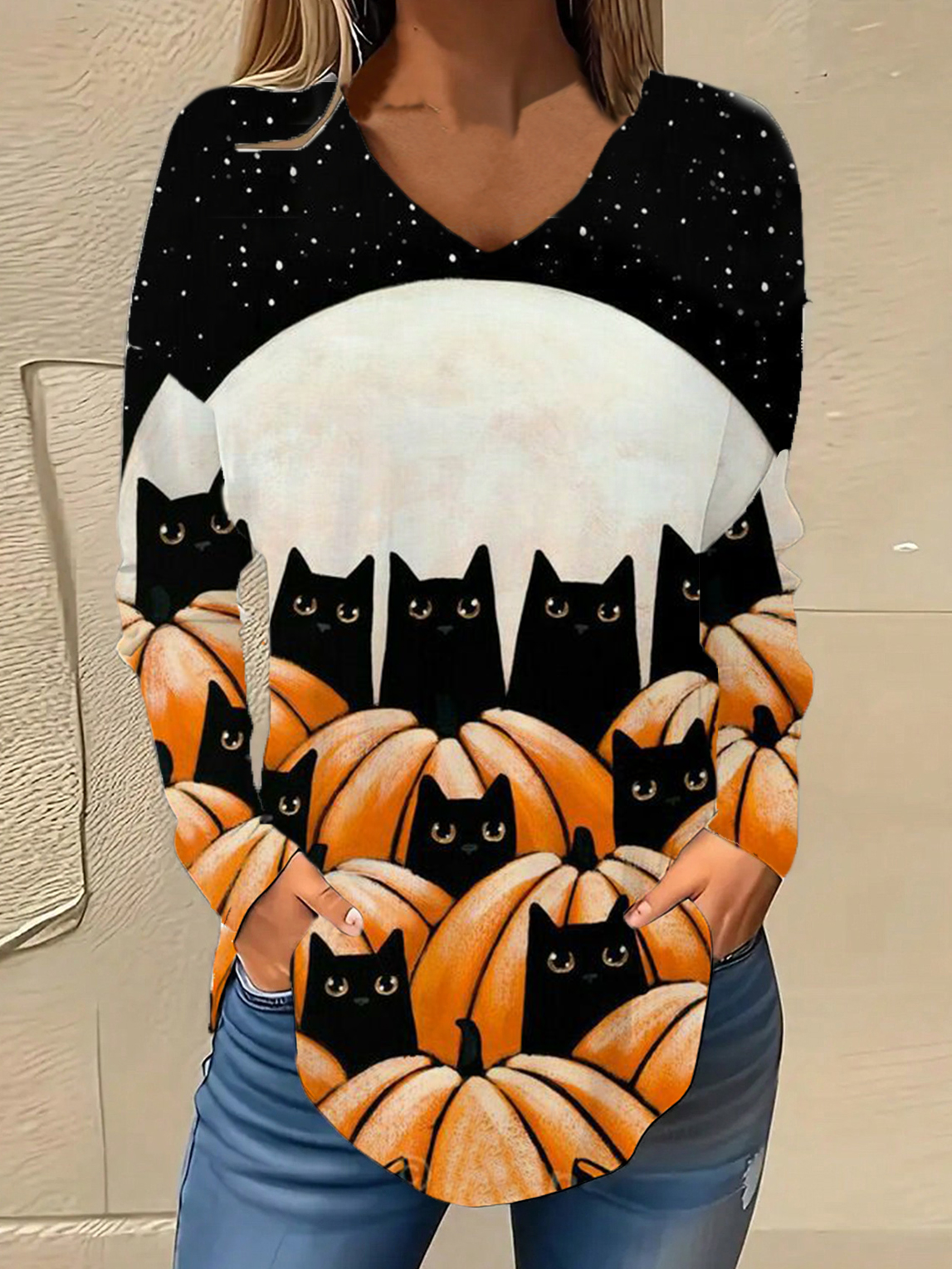 V Neck Long Sleeve Halloween Regular Micro-Elasticity Loose Blouse For Women