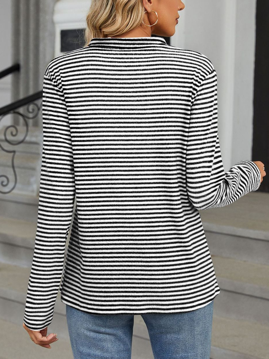 V Neck Long Sleeve Striped Lace Regular Micro-Elasticity Loose Blouse For Women