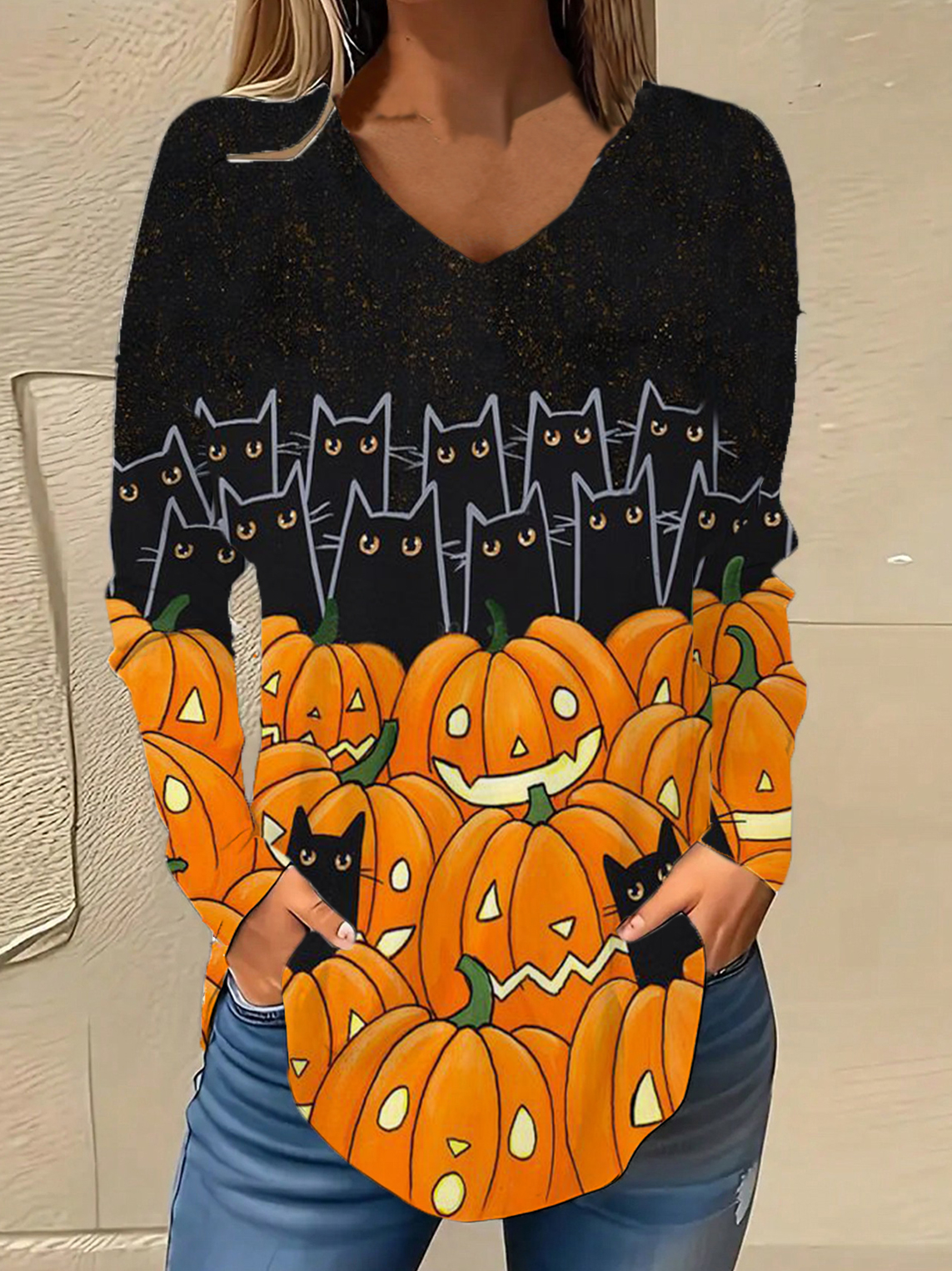 V Neck Long Sleeve Halloween Regular Micro-Elasticity Loose Blouse For Women