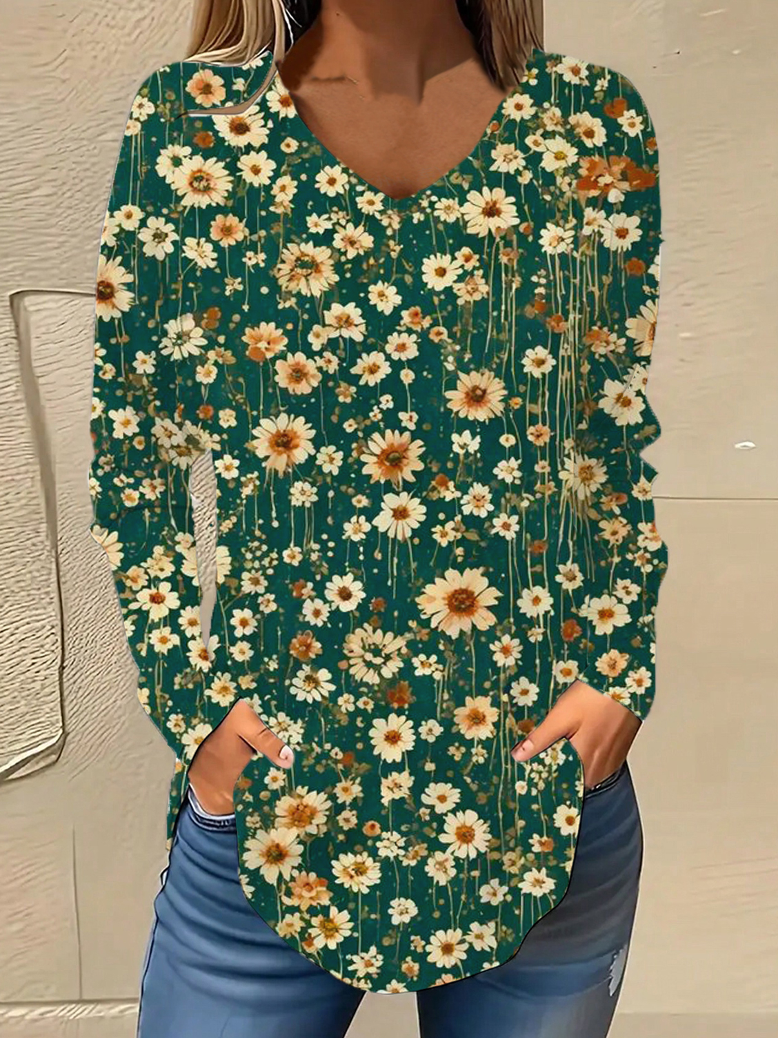 V Neck Long Sleeve Floral Regular Micro-Elasticity Loose Blouse For Women