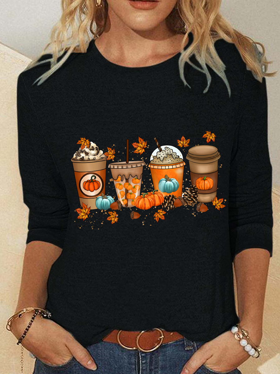 Halloween Pumpkin Print Crew Neck Long Sleeve Loose Blouse For Women